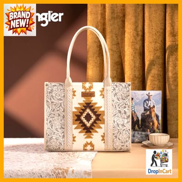 Western Leather Tote Bag Shoulder Purse Top Handle Handbag Aztec Pattern - Picture 3 of 7